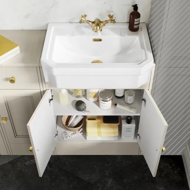 Monaco Chalk White Combination Vanity Traditional Basin and Boston Toilet 1500mm - Brushed Brass Accents