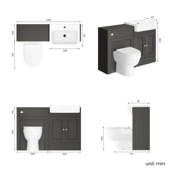 Monaco Graphite Grey Combination Vanity Basin and Seattle Toilet 1200mm - Brushed Brass Accents