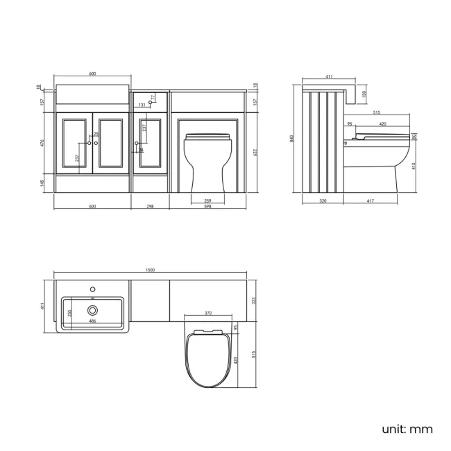 Monaco Graphite Grey Combination Vanity Basin and Seattle Toilet 1500mm - Brushed Brass Accents