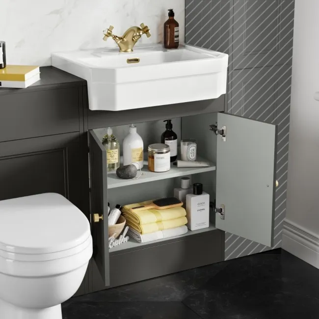 Monaco Graphite Grey Combination Vanity Traditional Basin and Seattle Toilet 1200mm - Brushed Brass Accents