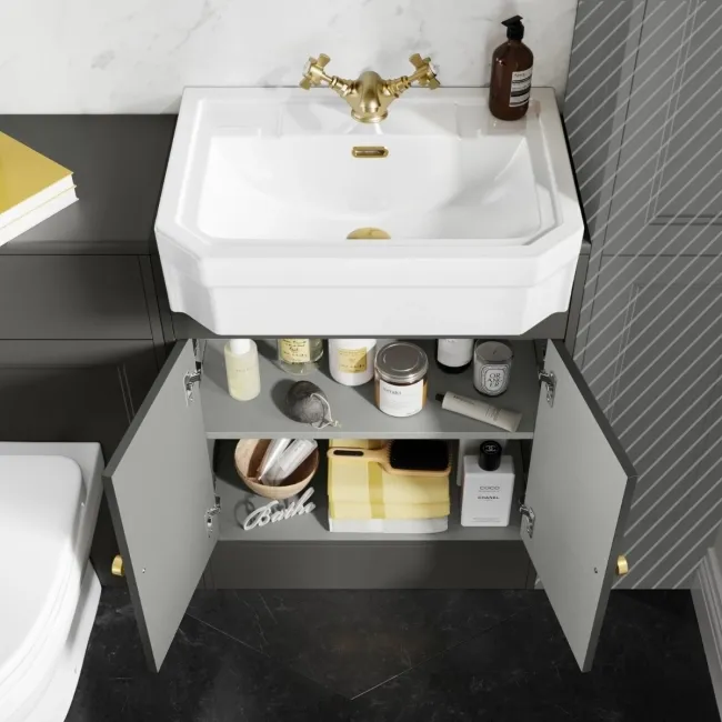 Monaco Graphite Grey Combination Vanity Traditional Basin and Seattle Toilet 1200mm - Brushed Brass Accents