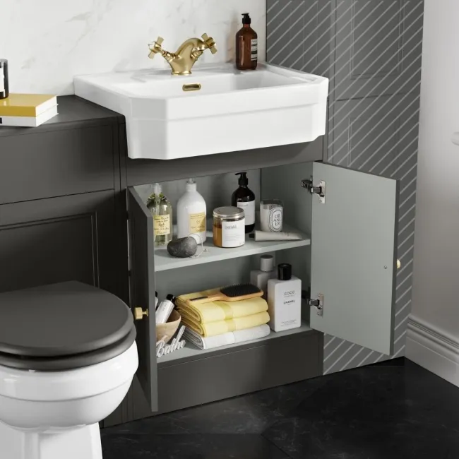 Monaco Graphite Grey Combination Vanity Traditional Basin and Hudson Toilet with Wooden Seat 1200mm - Brushed Brass Accents