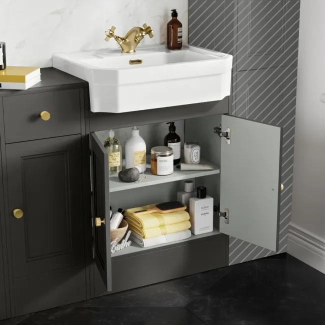 Monaco Graphite Grey Combination Vanity Traditional Basin and Hudson Toilet with Wooden Seat 1500mm - Brushed Brass Accents