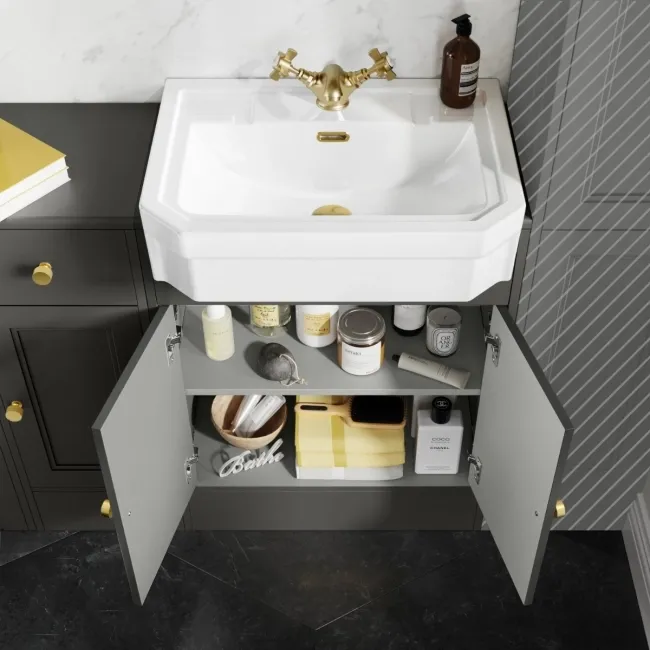 Monaco Graphite Grey Combination Vanity Traditional Basin and Hudson Toilet with Wooden Seat 1500mm - Brushed Brass Accents