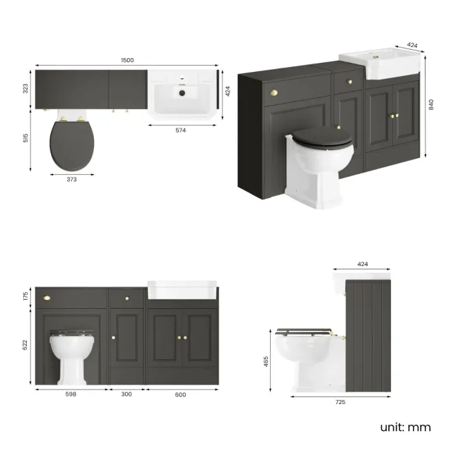 Monaco Graphite Grey Combination Vanity Traditional Basin and Hudson Toilet with Wooden Seat 1500mm - Brushed Brass Accents