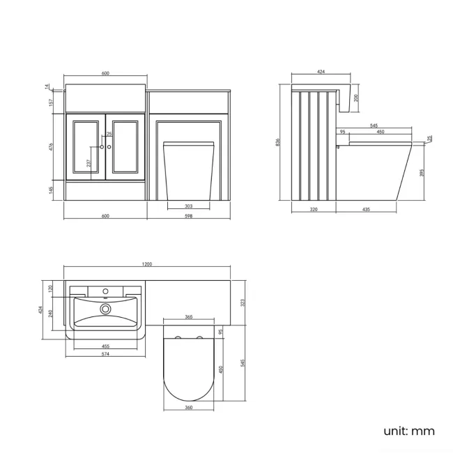 Monaco Graphite Grey Combination Vanity Traditional Basin with Marble Top & Boston Toilet 1200mm - Brushed Brass Accents