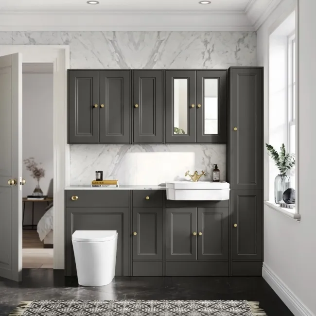 Monaco Graphite Grey Combination Vanity Traditional Basin with Marble Top and Boston Toilet 1500mm - Brushed Brass Accents