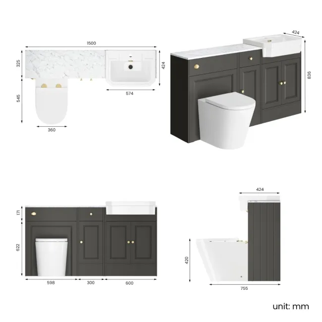 Monaco Graphite Grey Combination Vanity Traditional Basin with Marble Top and Boston Toilet 1500mm - Brushed Brass Accents