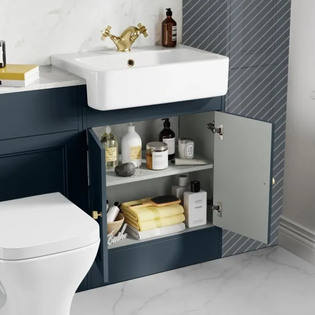 Monaco Inky Blue Combination Vanity Basin with Marble Top & Atlanta Toilet 1200mm - Brushed Brass Accents