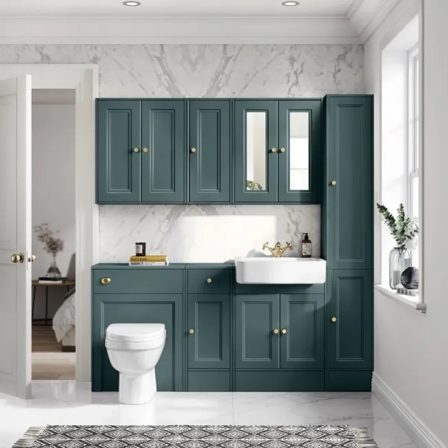 Monaco Midnight Green Combination Vanity Basin and Seattle Toilet 1500mm - Brushed Brass Accents