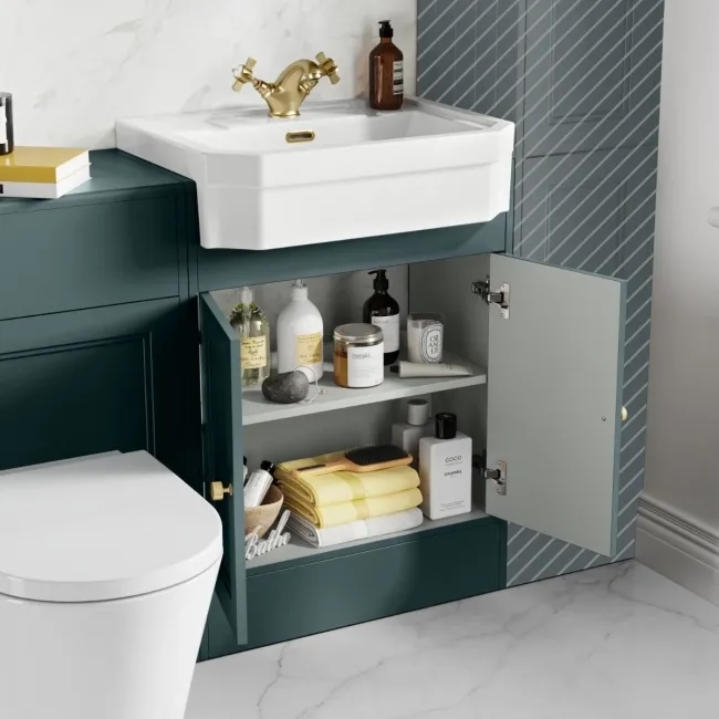 Monaco Midnight Green Combination Vanity Traditional Basin and Boston Toilet 1200mm - Brushed Brass Accents