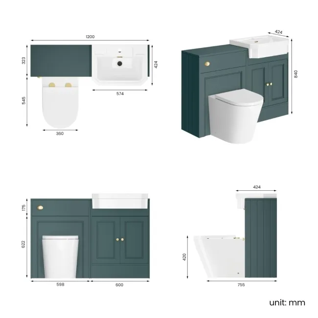 Monaco Midnight Green Combination Vanity Traditional Basin and Boston Toilet 1200mm - Brushed Brass Accents