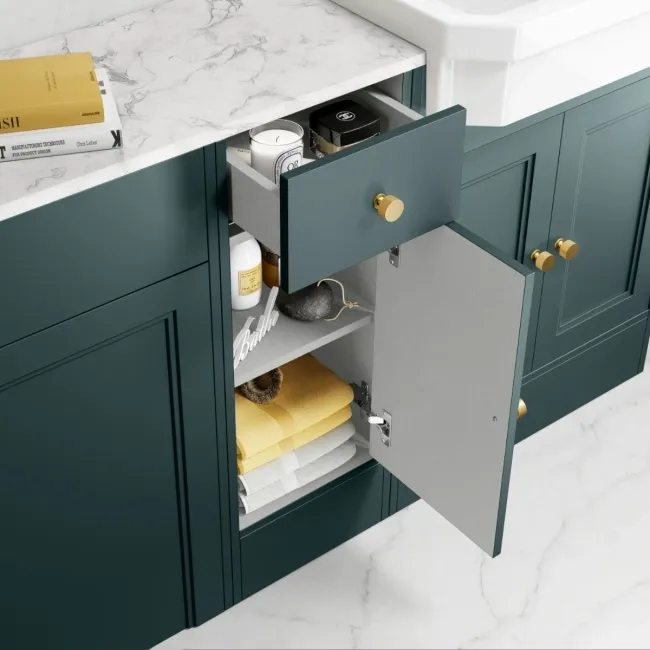 Monaco Midnight Green Combination Vanity Traditional Basin with Marble Top and Boston Toilet 1500mm - Brushed Brass Accents