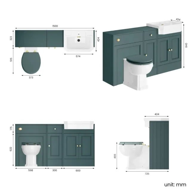 Monaco Midnight Green Combination Vanity Traditional Basin and Hudson Toilet with Wooden Seat 1500mm - Brushed Brass Accents