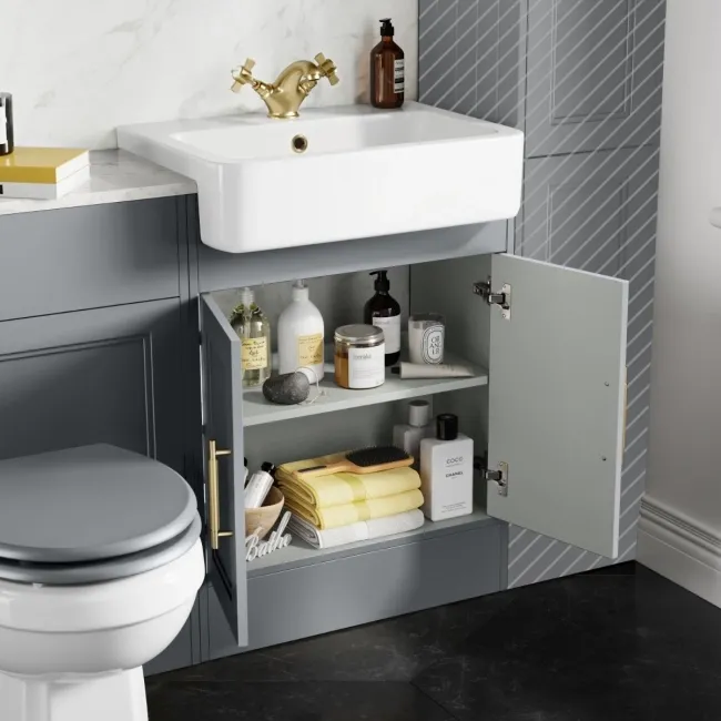 Monaco Dove Grey Combination Vanity Basin with Marble Top & Hudson Toilet with Wooden Seat 1200mm - Brass Knurled Handles
