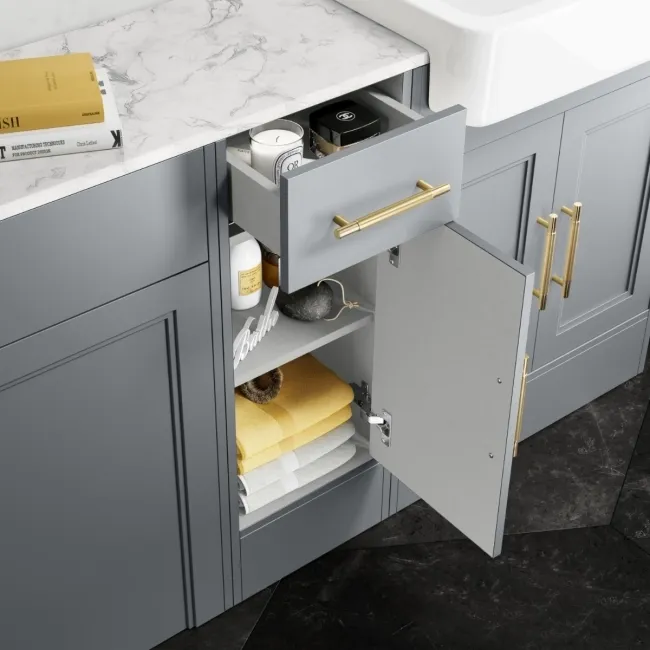 Monaco Dove Grey Combination Vanity Basin with Marble Top and Seattle Toilet 1500mm - Brass Knurled Handles