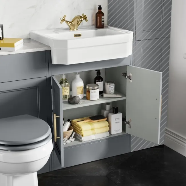 Monaco Dove Grey Combination Vanity Traditional Basin with Marble Top & Hudson Toilet with Wooden Seat 1200mm - Brass Knurled Handles