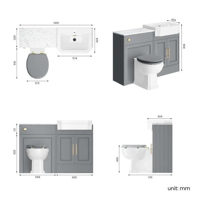 Monaco Dove Grey Combination Vanity Traditional Basin with Marble Top & Hudson Toilet with Wooden Seat 1200mm - Brass Knurled Handles