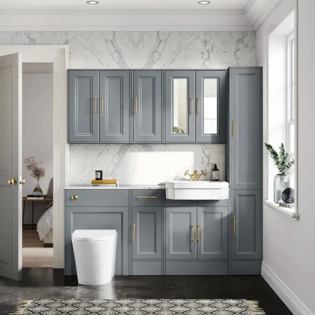 Monaco Dove Grey Combination Vanity Traditional Basin with Marble Top and Boston Toilet 1500mm - Brass Knurled Handles