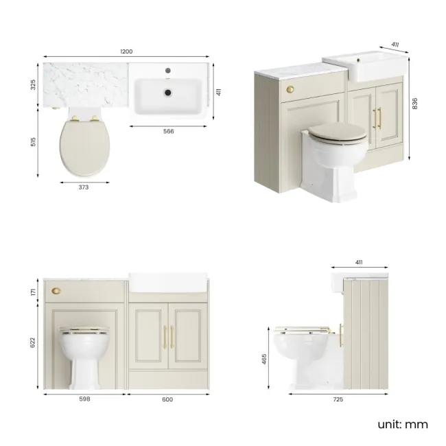 Monaco Chalk White Combination Vanity Basin with Marble Top & Hudson Toilet with Wooden Seat 1200mm - Brass Knurled Handles