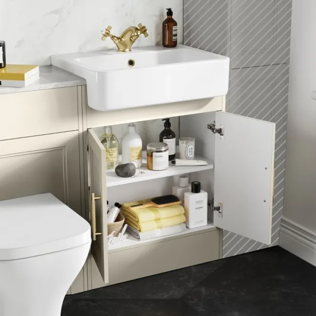 Monaco Chalk White Combination Vanity Basin with Marble Top & Atlanta Toilet 1200mm - Brass Knurled Handles