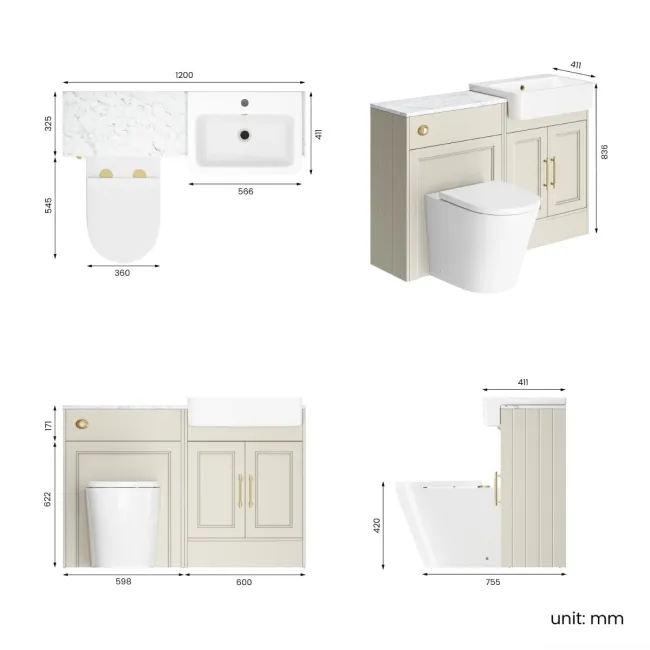 Monaco Chalk White Combination Vanity Basin with Marble Top & Boston Toilet 1200mm - Brass Knurled Handles