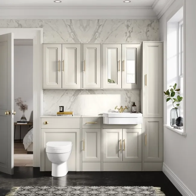 Monaco Chalk White Combination Vanity Traditional Basin and Seattle Toilet 1500mm - Brass Knurled Handles