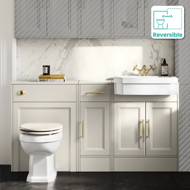 Monaco Chalk White Combination Vanity Traditional Basin and Hudson Toilet with Wooden Seat 1500mm - Brass Knurled Handles