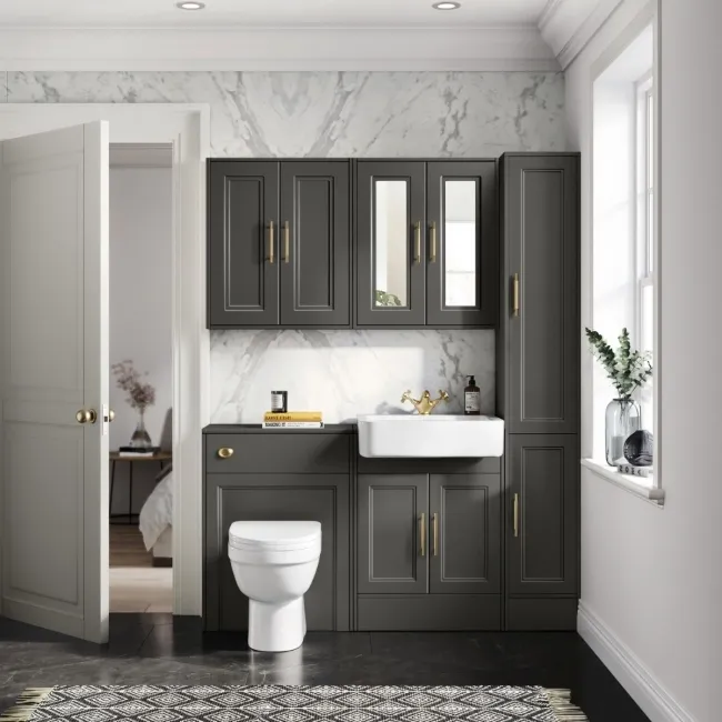 Monaco Graphite Grey Combination Vanity Basin and Seattle Toilet 1200mm - Brass Knurled Handles
