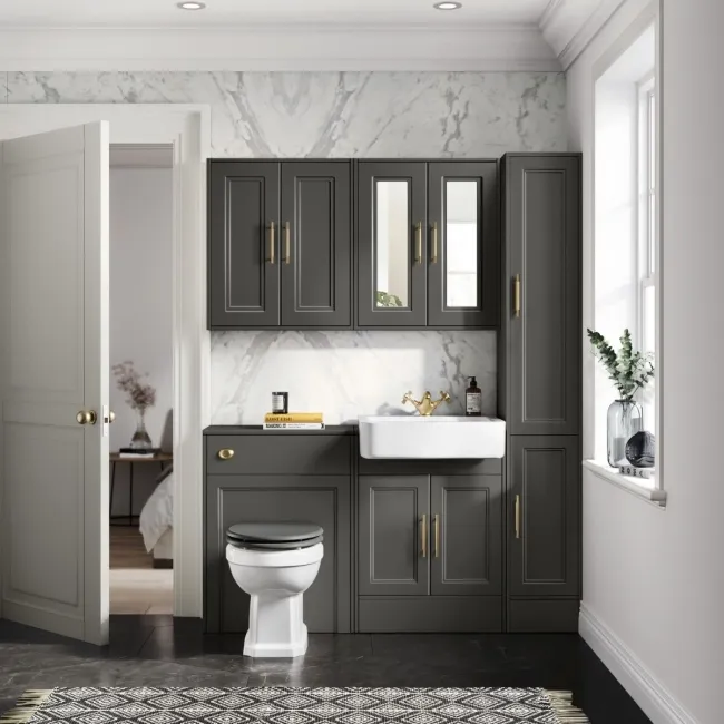 Monaco Graphite Grey Combination Vanity Basin and Hudson Toilet with Wooden Seat 1200mm - Brass Knurled Handles