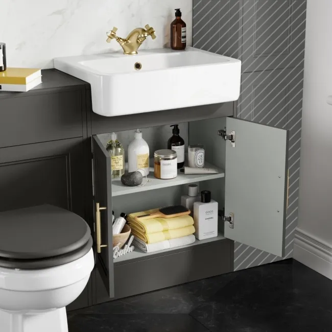 Monaco Graphite Grey Combination Vanity Basin and Hudson Toilet with Wooden Seat 1200mm - Brass Knurled Handles