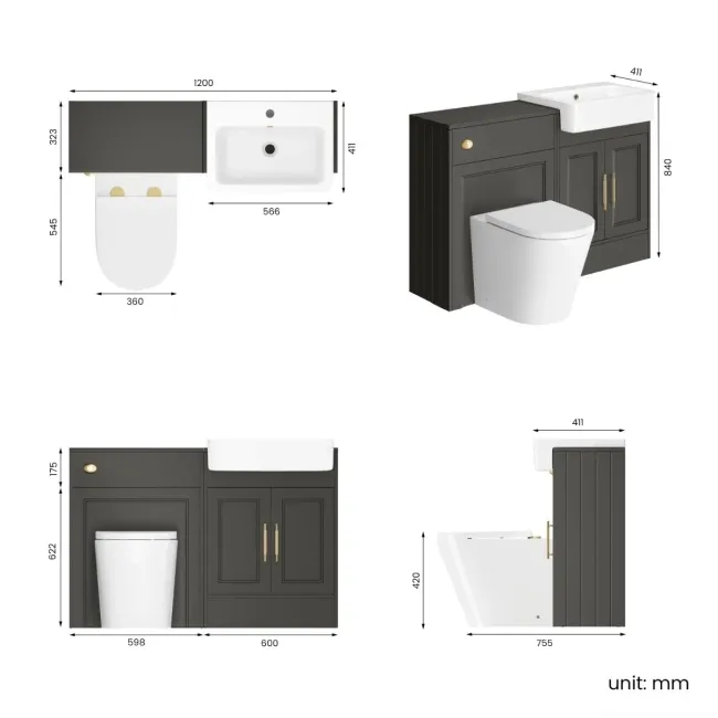 Monaco Graphite Grey Combination Vanity Basin and Boston Toilet 1200mm - Brass Knurled Handles