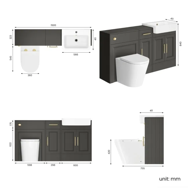 Monaco Graphite Grey Combination Vanity Basin and Boston Toilet 1500mm - Brass Knurled Handles