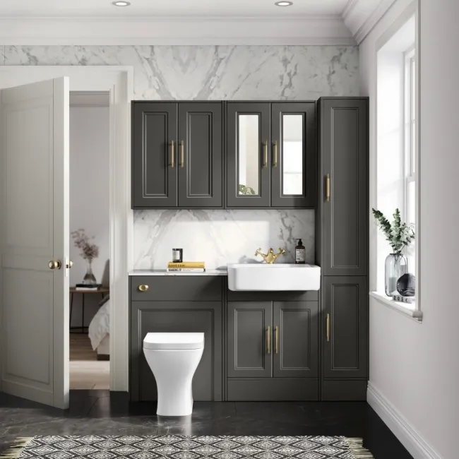 Monaco Graphite Grey Combination Vanity Basin with Marble Top & Atlanta Toilet 1200mm - Brass Knurled Handles
