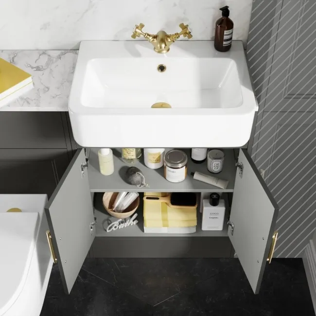 Monaco Graphite Grey Combination Vanity Basin with Marble Top & Boston Toilet 1200mm - Brass Knurled Handles