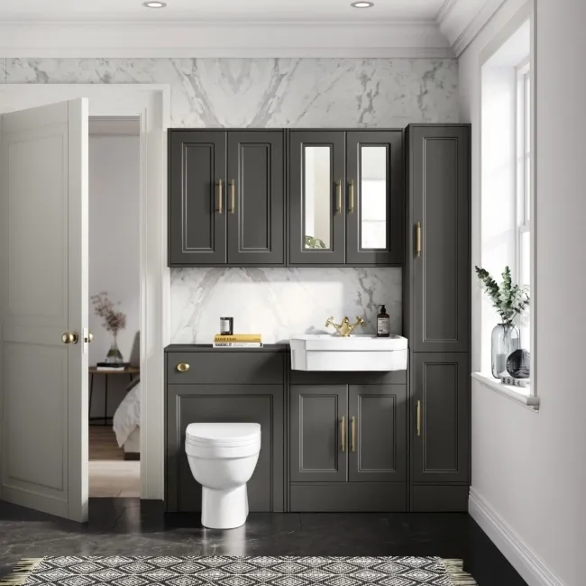 Monaco Graphite Grey Combination Vanity Traditional Basin and Seattle Toilet 1200mm - Brass Knurled Handles