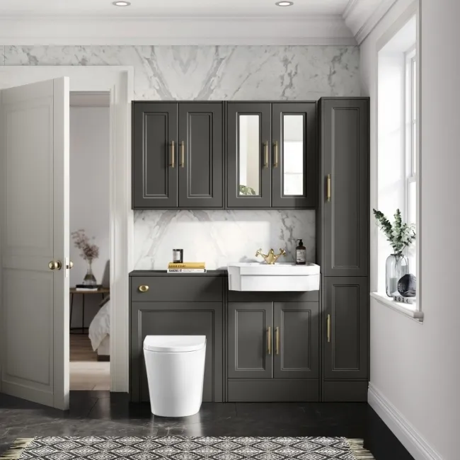 Monaco Graphite Grey Combination Vanity Traditional Basin and Boston Toilet 1200mm - Brass Knurled Handles
