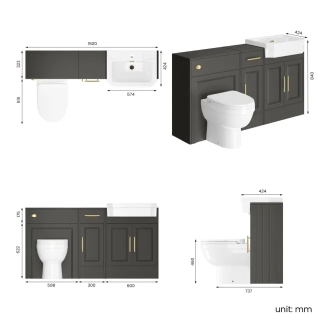 Monaco Graphite Grey Combination Vanity Traditional Basin and Seattle Toilet 1500mm - Brass Knurled Handles