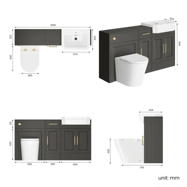 Monaco Graphite Grey Combination Vanity Traditional Basin and Boston Toilet 1500mm - Brass Knurled Handles