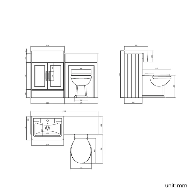 Monaco Graphite Grey Combination Vanity Traditional Basin with Marble Top & Hudson Toilet with Wooden Seat 1200mm - Brass Knurled Handles