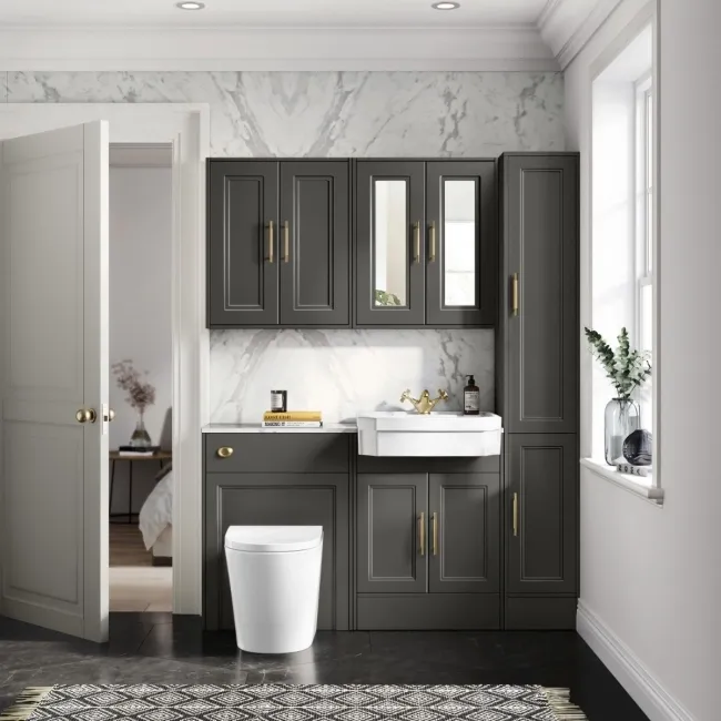 Monaco Graphite Grey Combination Vanity Traditional Basin with Marble Top & Boston Toilet 1200mm - Brass Knurled Handles