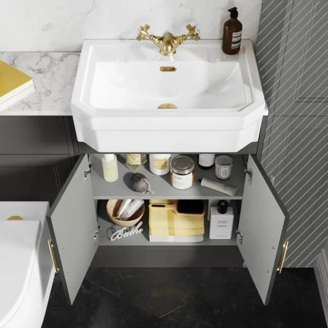 Monaco Graphite Grey Combination Vanity Traditional Basin with Marble Top & Boston Toilet 1200mm - Brass Knurled Handles