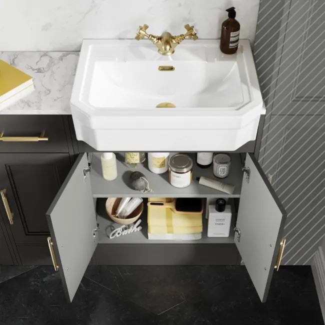 Monaco Graphite Grey Combination Vanity Traditional Basin with Marble Top & Hudson Toilet with Wooden Seat 1500mm - Brass Knurled Handles