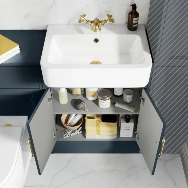 Monaco Inky Blue Combination Vanity Basin and Boston Toilet 1200mm - Brass Knurled Handles