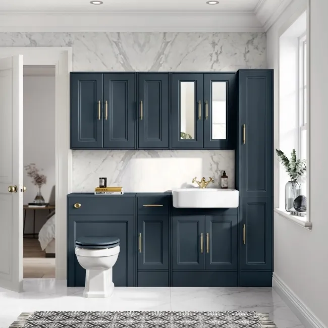 Monaco Inky Blue Combination Vanity Basin and Hudson Toilet with Wooden Seat 1500mm - Brass Knurled Handles