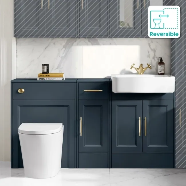 Monaco Inky Blue Combination Vanity Basin and Boston Toilet 1500mm - Brass Knurled Handles