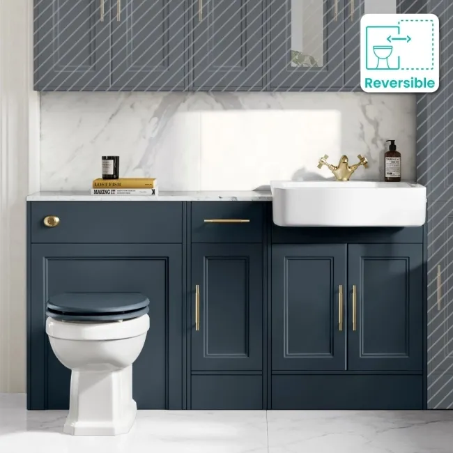 Monaco Inky Blue Combination Vanity Basin with Marble Top and Hudson Toilet with Wooden Seat 1500mm - Brass Knurled Handles