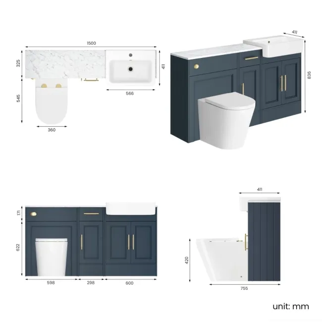 Monaco Inky Blue Combination Vanity Basin with Marble Top and Boston Toilet 1500mm - Brass Knurled Handles