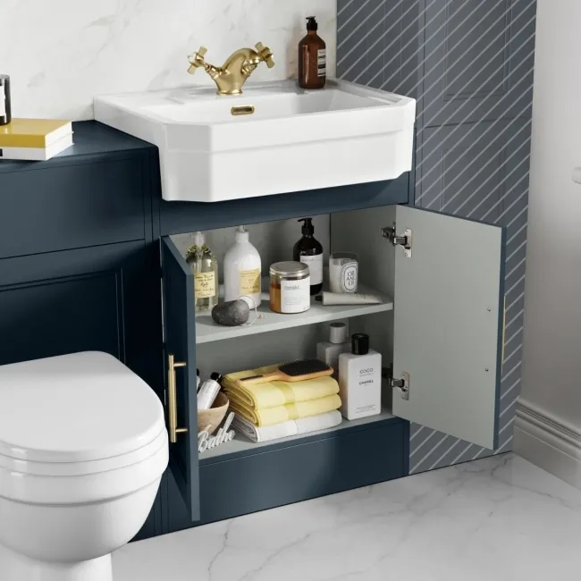 Monaco Inky Blue Combination Vanity Traditional Basin and Seattle Toilet 1200mm - Brass Knurled Handles