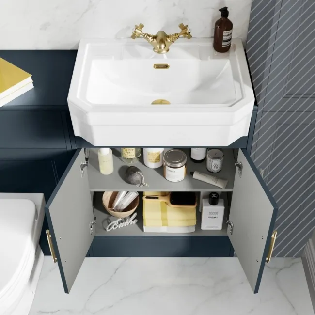 Monaco Inky Blue Combination Vanity Traditional Basin and Seattle Toilet 1200mm - Brass Knurled Handles